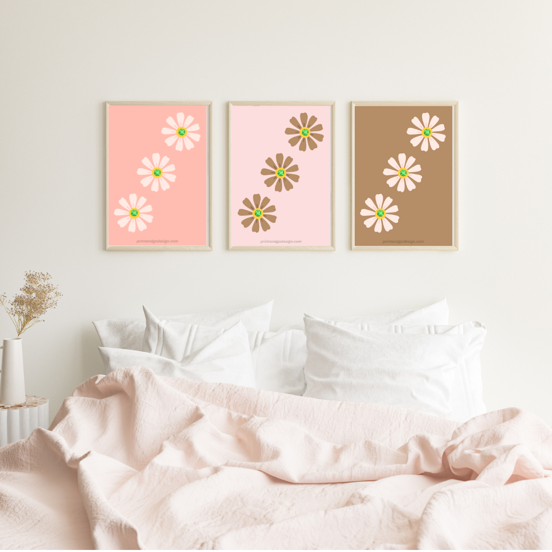 Printable flower wall art in brown pink yellow tones. Modern print for any room decor.