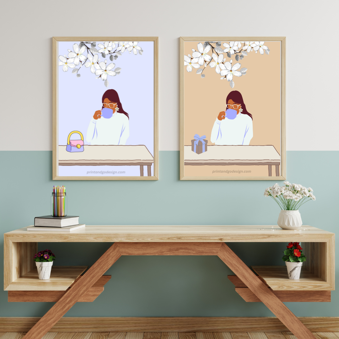 Beautiful Black Woman wall art print- set of 4- in multi tones. Modern print for any room decor