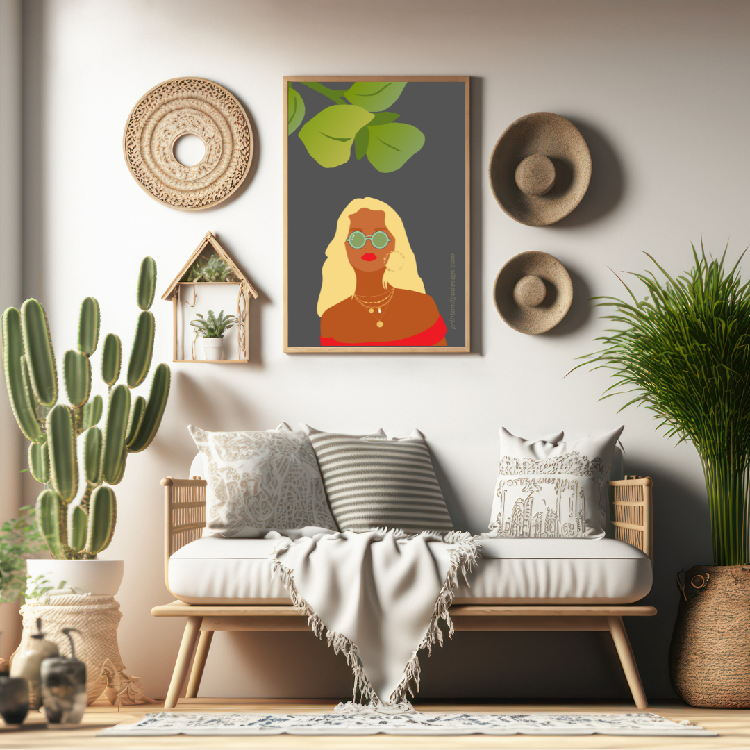 Beautiful Black Woman wall art print in red yellow tones. Modern print for any room decor