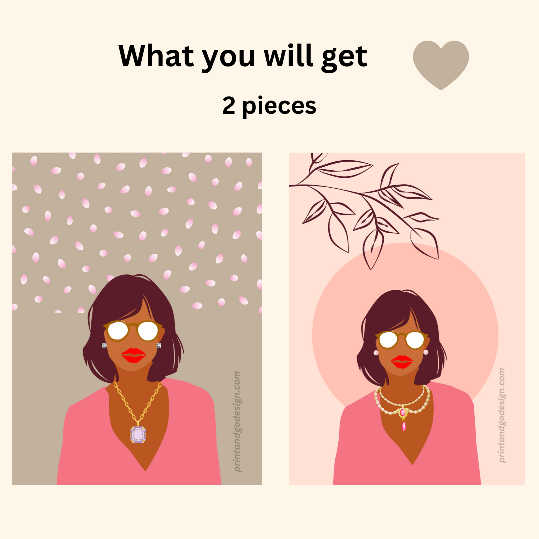Beautiful Black Woman wall art print - set of 2- in pink beige tones. Modern print for any room decor