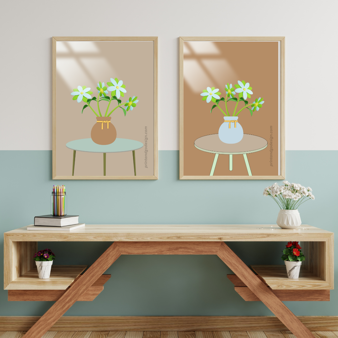 Printable flower wall art in brown green tones in a Vase. Modern print for any room decor.