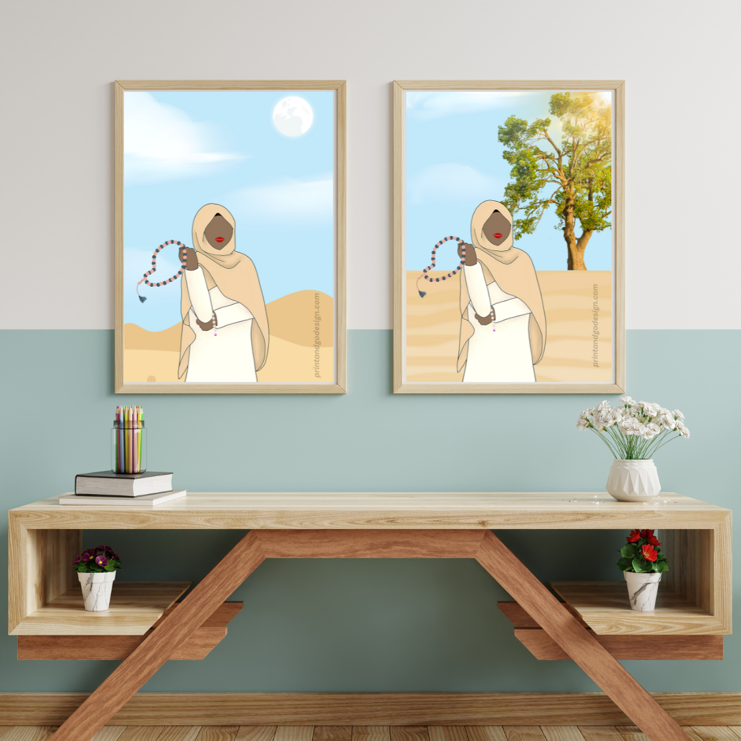 Beautiful Hijab Wall Art print- set of 2- in multi tones, modern print for any room decor