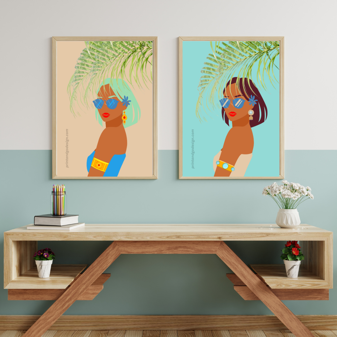 Beautiful Black Woman wall art print- set of 2- in multi tones. Modern print for any room decor