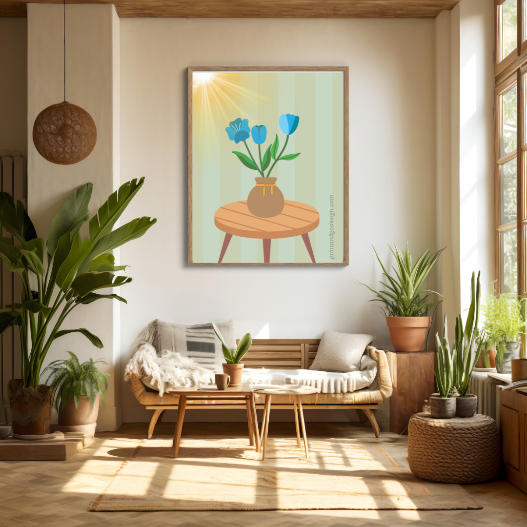 Printable flower wall art in blue brown tones in a Vase. Modern print for any room decor.