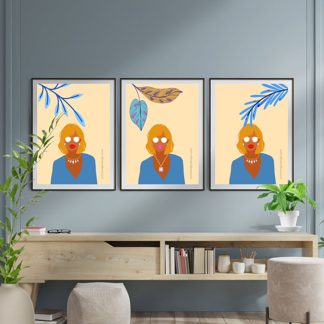 Beautiful Black Woman wall art print - set of three - in blue orange tones. Modern print for any room decor