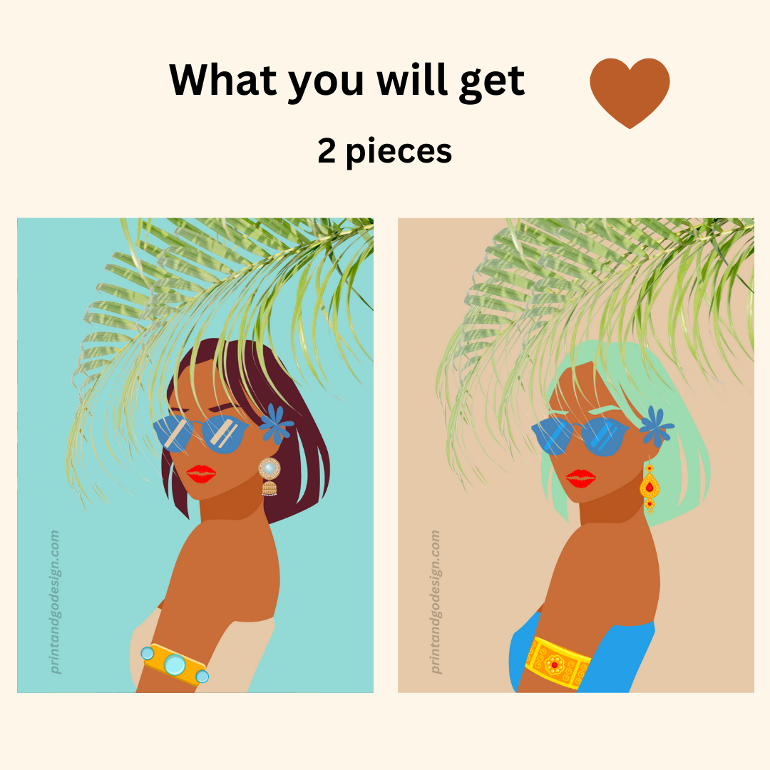 Beautiful Black Woman wall art print- set of 2- in multi tones. Modern print for any room decor