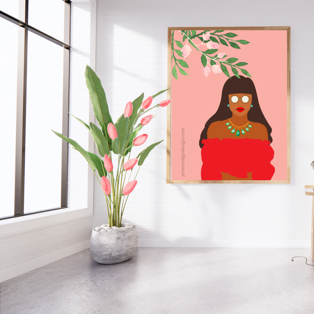 Beautiful Black Woman wall art print in red pink tones. Modern print for any room decor