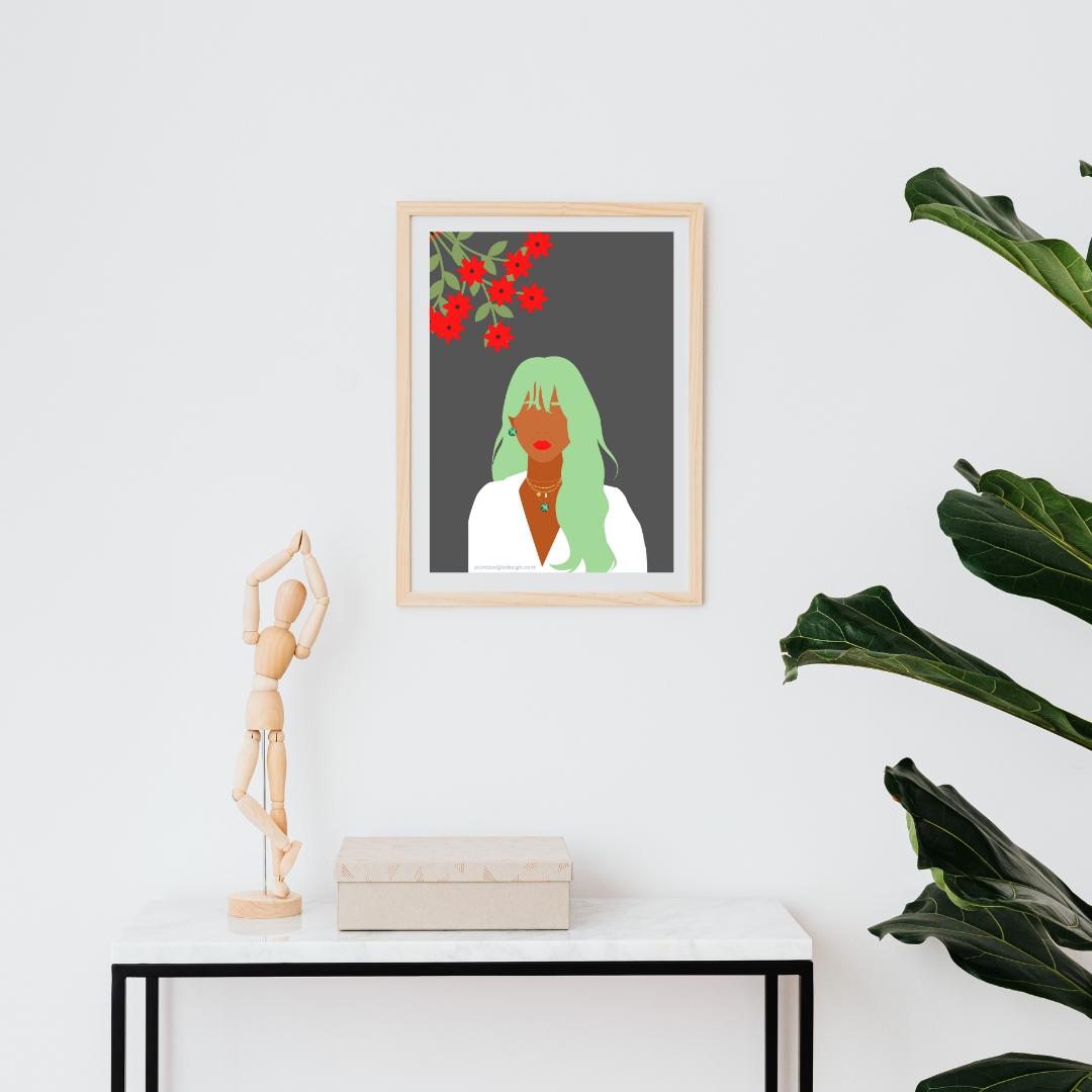 Beautiful Black Woman wall art print in white green tones. Modern print for any room decor