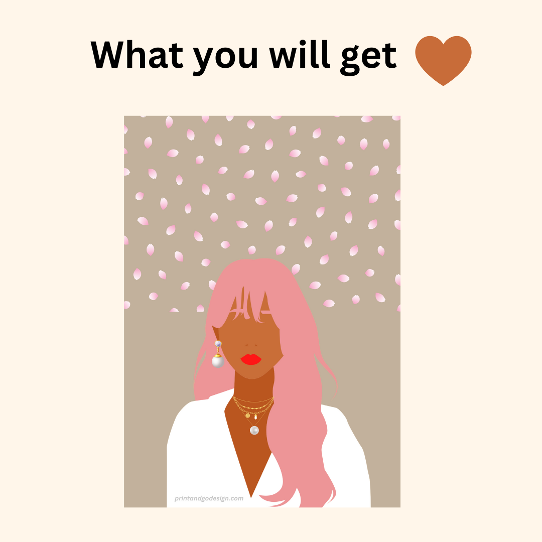 Beautiful Black Woman wall art print in pink beige tones. Modern print for any room decor