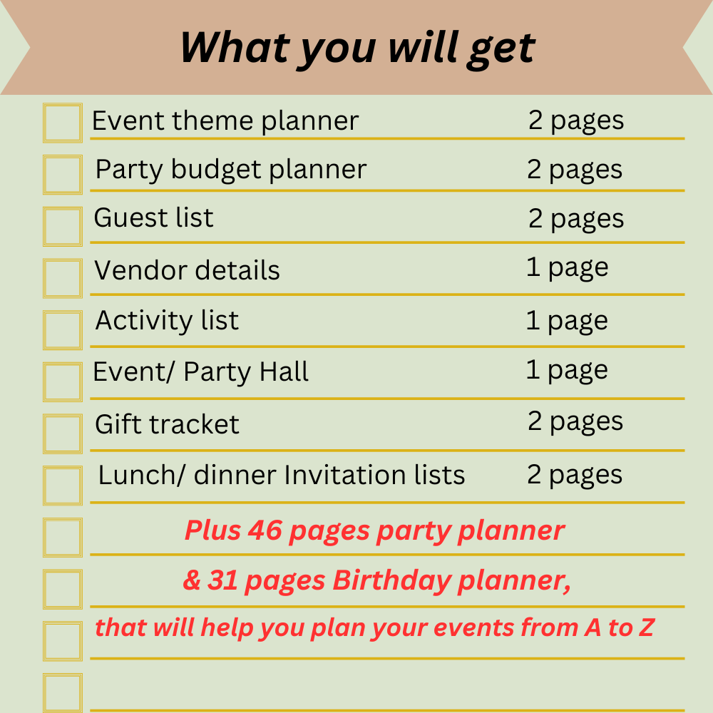 90 printable event and party planner; budget, gift, food and more