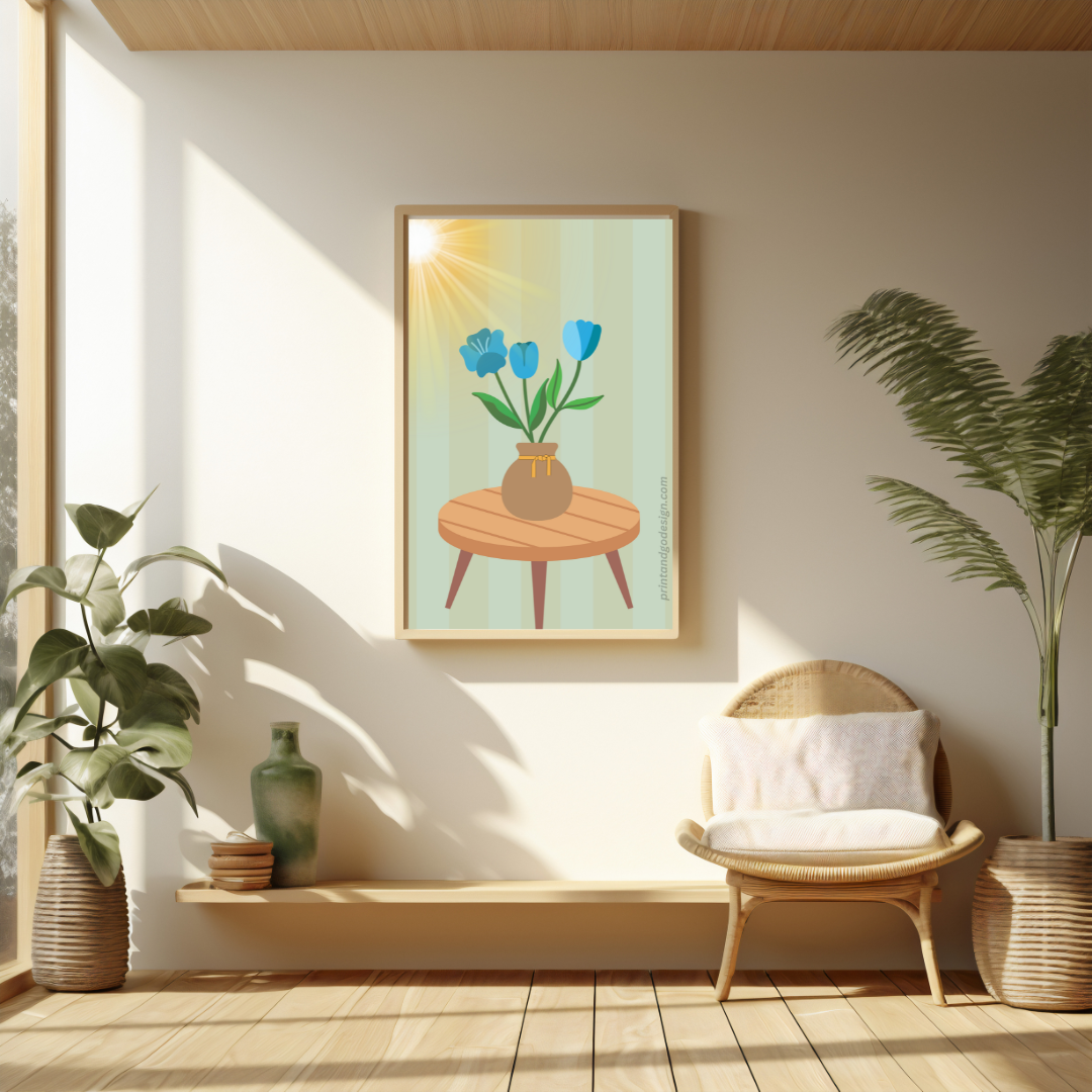 Printable flower wall art in blue brown tones in a Vase. Modern print for any room decor.