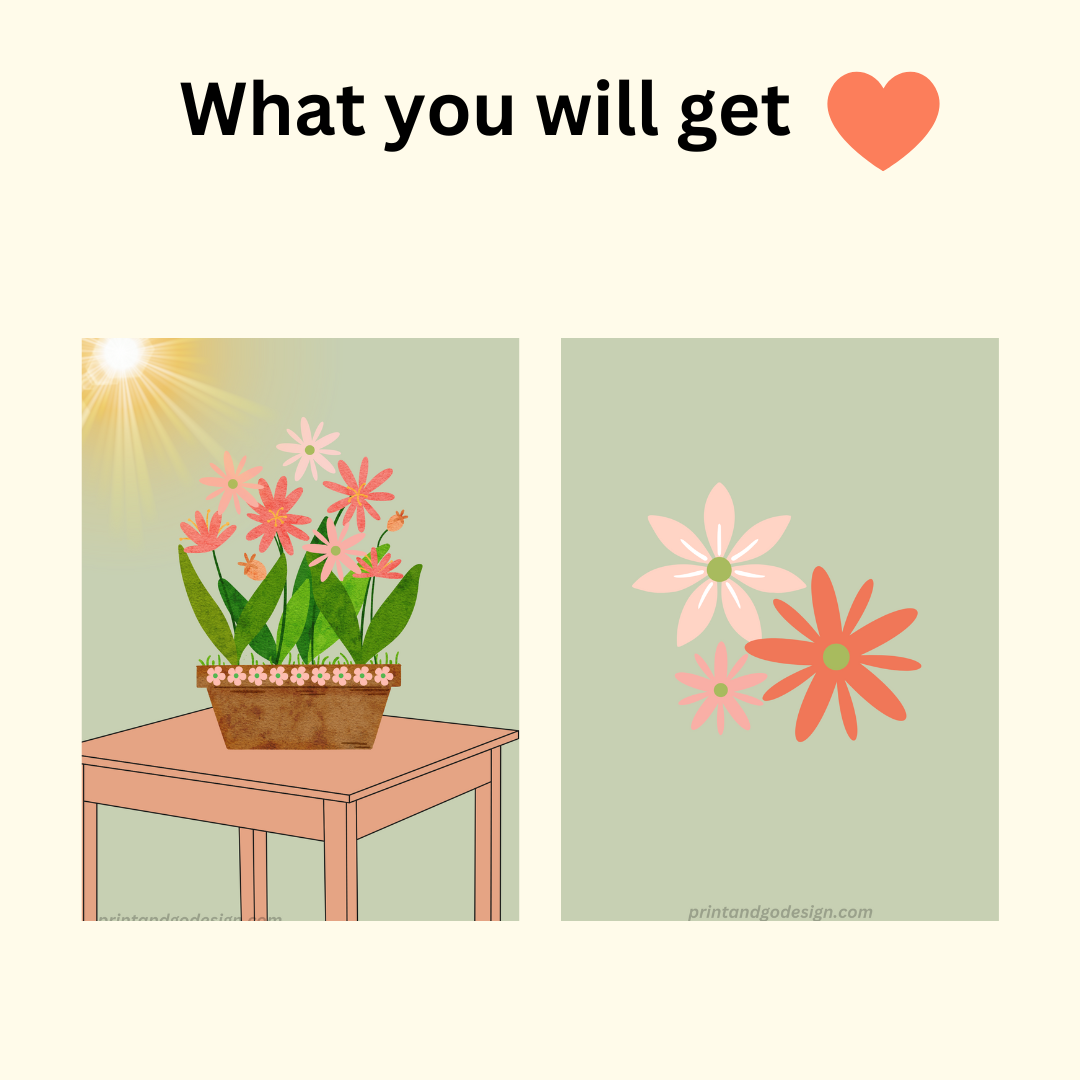 Printable flower wall art - set of 2- in green pink tones. Modern print for any room decor.