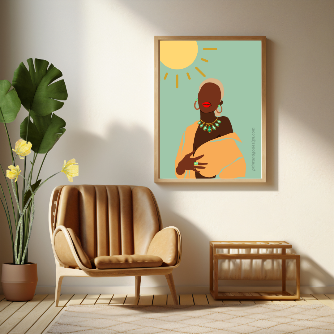 Beautiful Black Woman wall art print in green orange tones. Modern print for any room decor