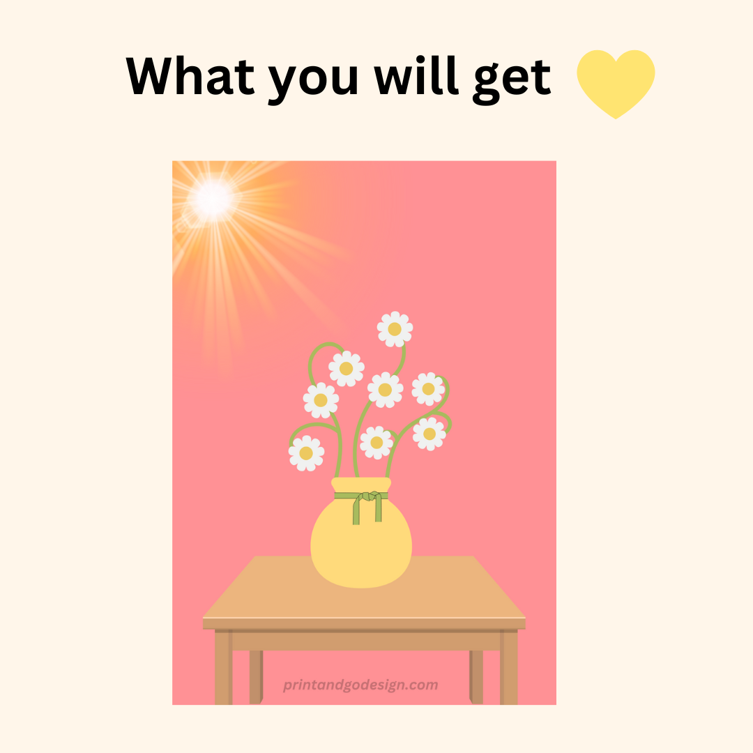 Printable flower wall art in yellow pink tones in a Vase. Modern print for any room decor.