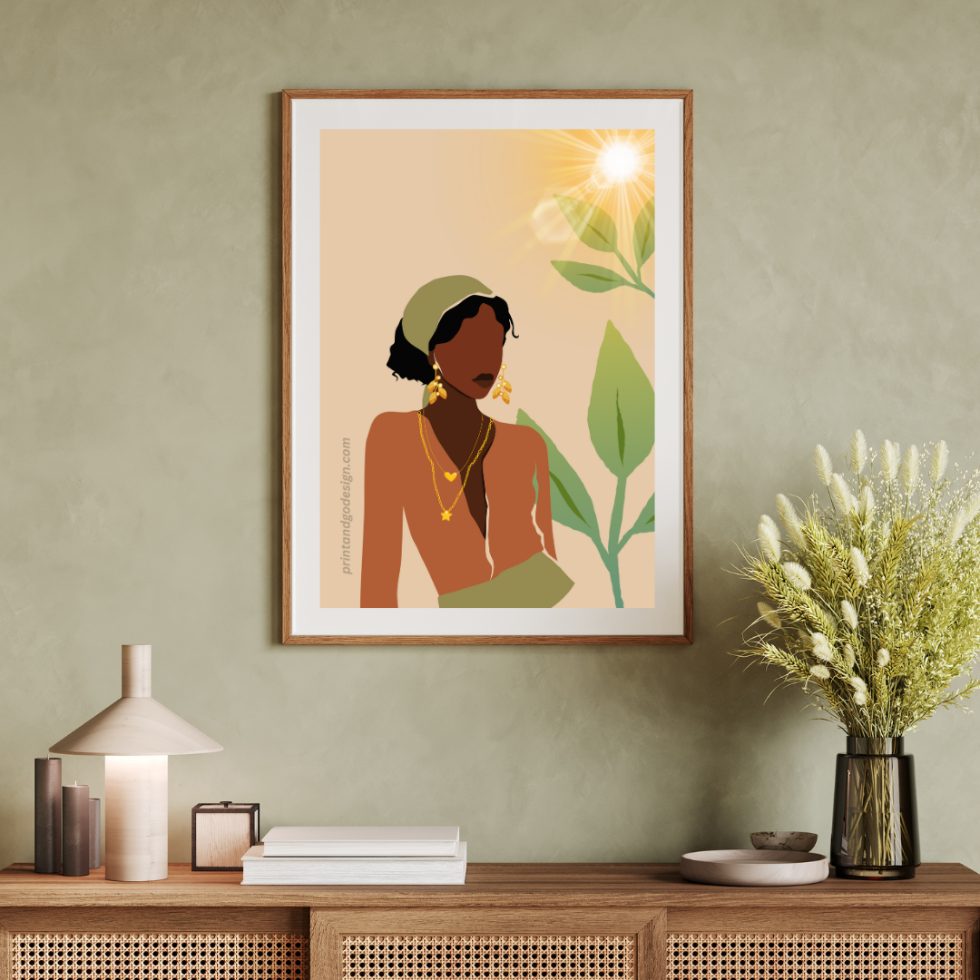Beautiful Black Woman wall art print in brown green tones. Modern print for any room decor