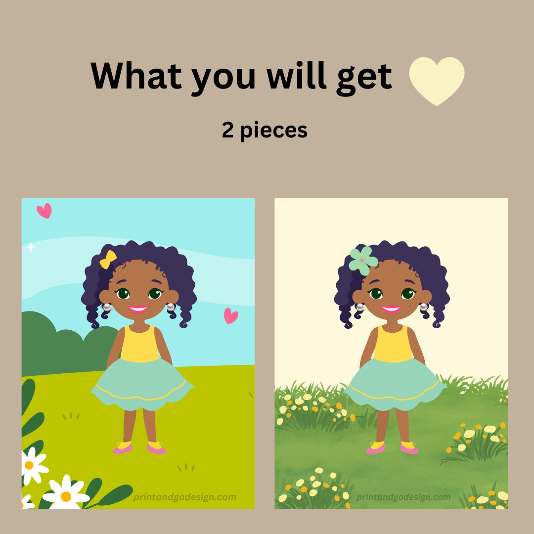 Beautiful little girl Wall Art print set of 2- in multi tones, modern print for any room decor