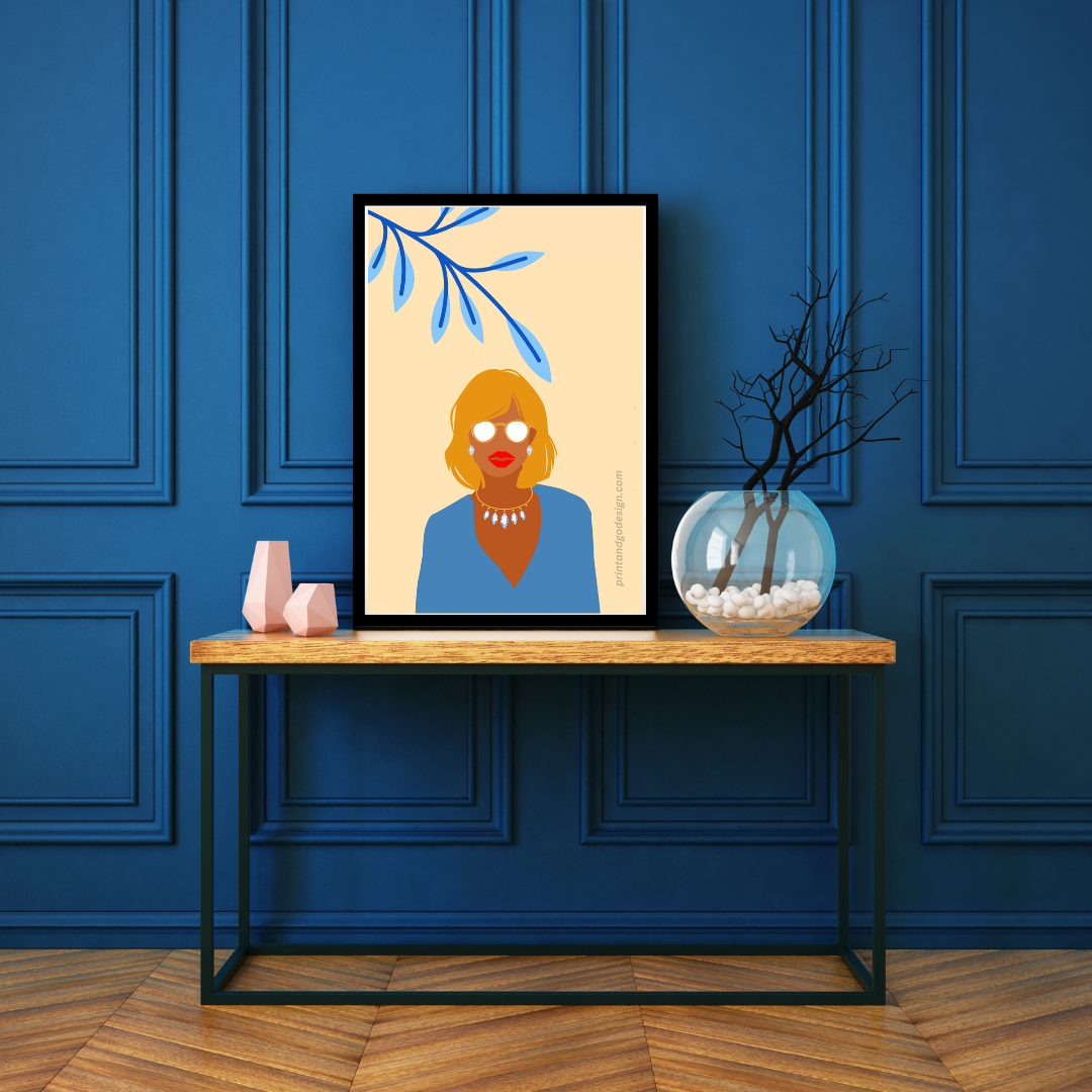 Beautiful Black Woman wall art print - set of three - in blue orange tones. Modern print for any room decor