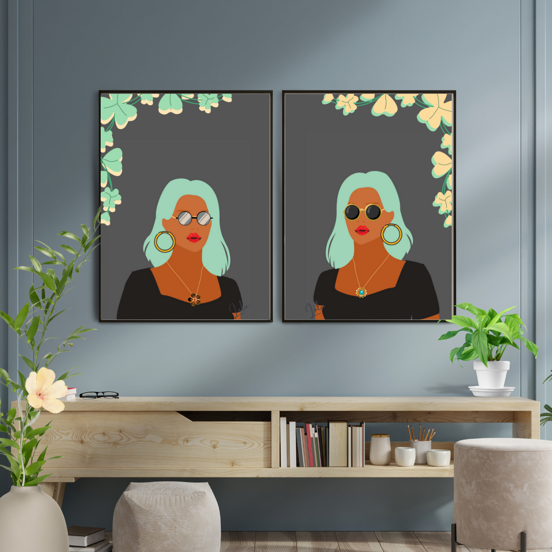 Beautiful Black Woman wall art print - set of 2 - in grey green tones. Modern print for any room decor