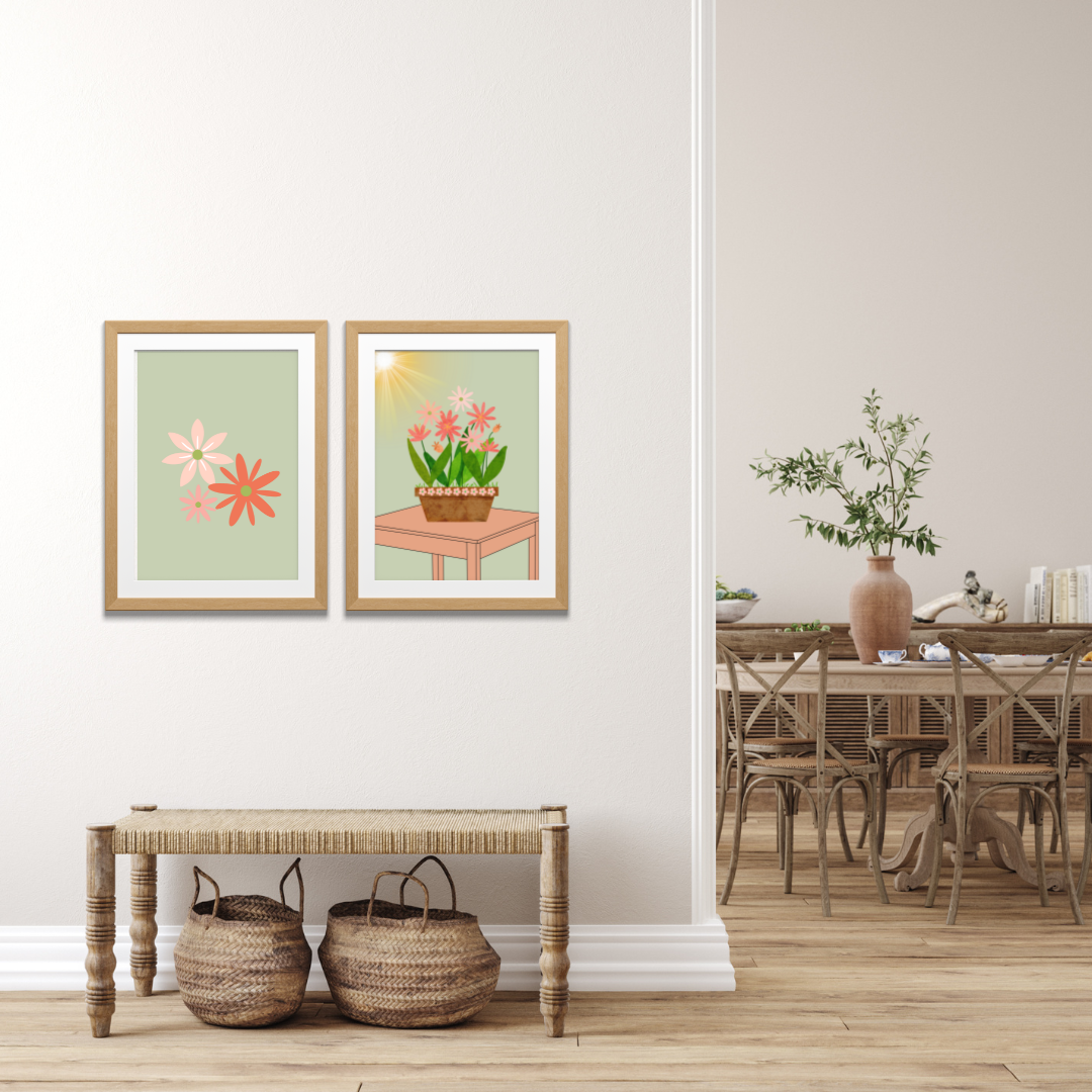 Printable flower wall art - set of 2- in green pink tones. Modern print for any room decor.