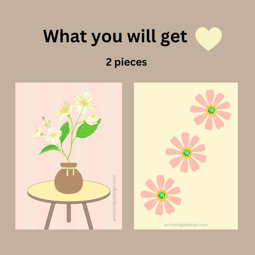 Printable flower wall art in yellow pink tones in a Vase. Modern print for any room decor.