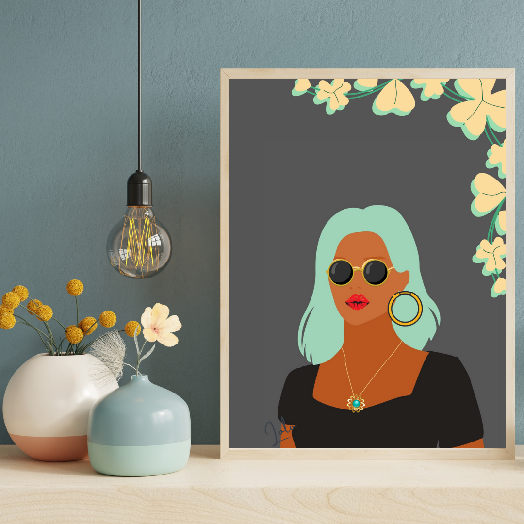 Beautiful Black Woman wall art print - set of 2 - in grey green tones. Modern print for any room decor