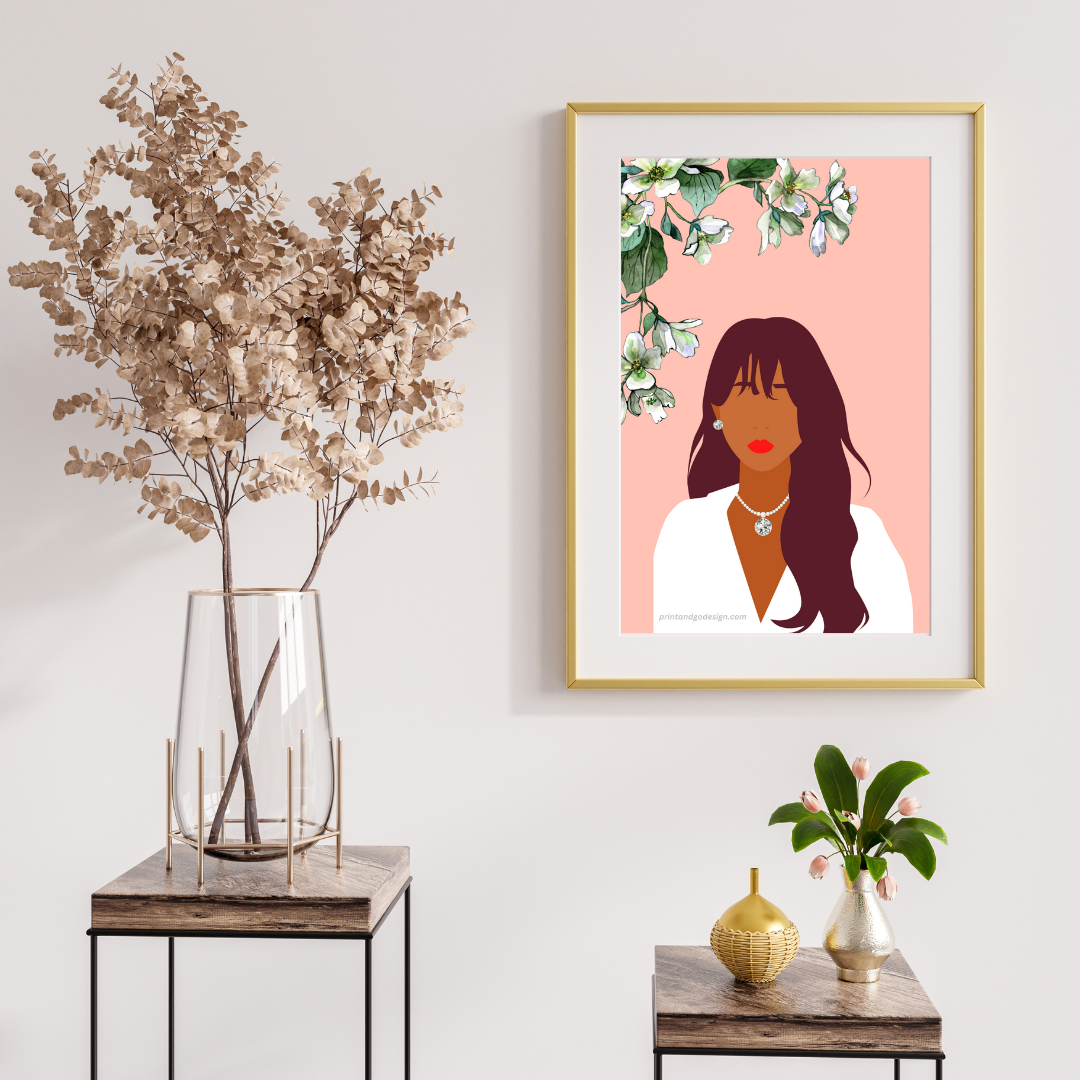 Beautiful Black Woman wall art print in pink white tones. Modern print for any room decor