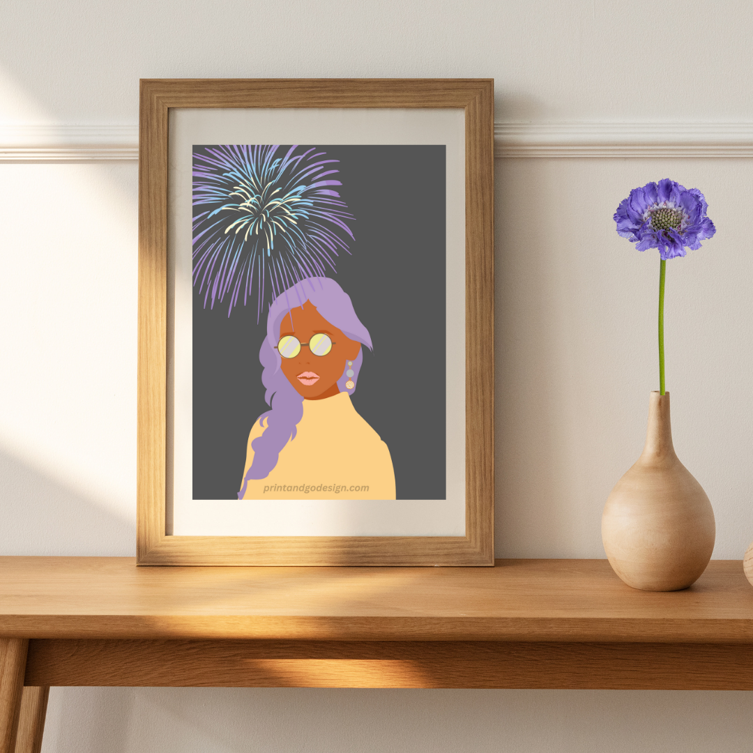 Beautiful Black Woman wall art print in grey yellow tones. Modern print for any room decor