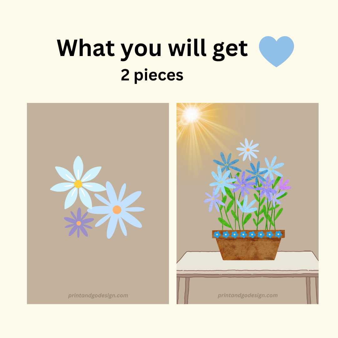 Printable flower wall art in blue beige tones in a pot. Modern print for any room decor.
