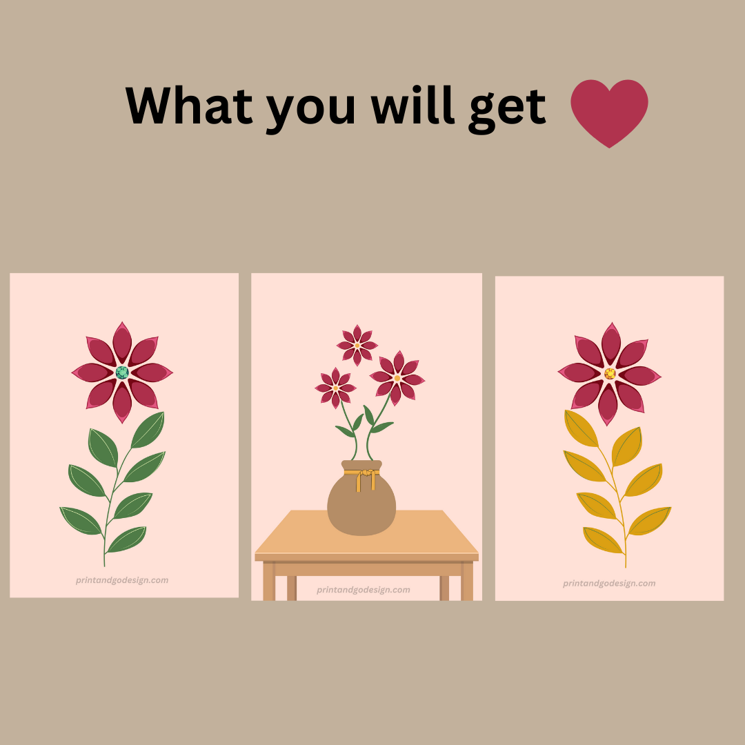 Printable flower wall art in red brown tones in a Vase. Modern print for any room decor.