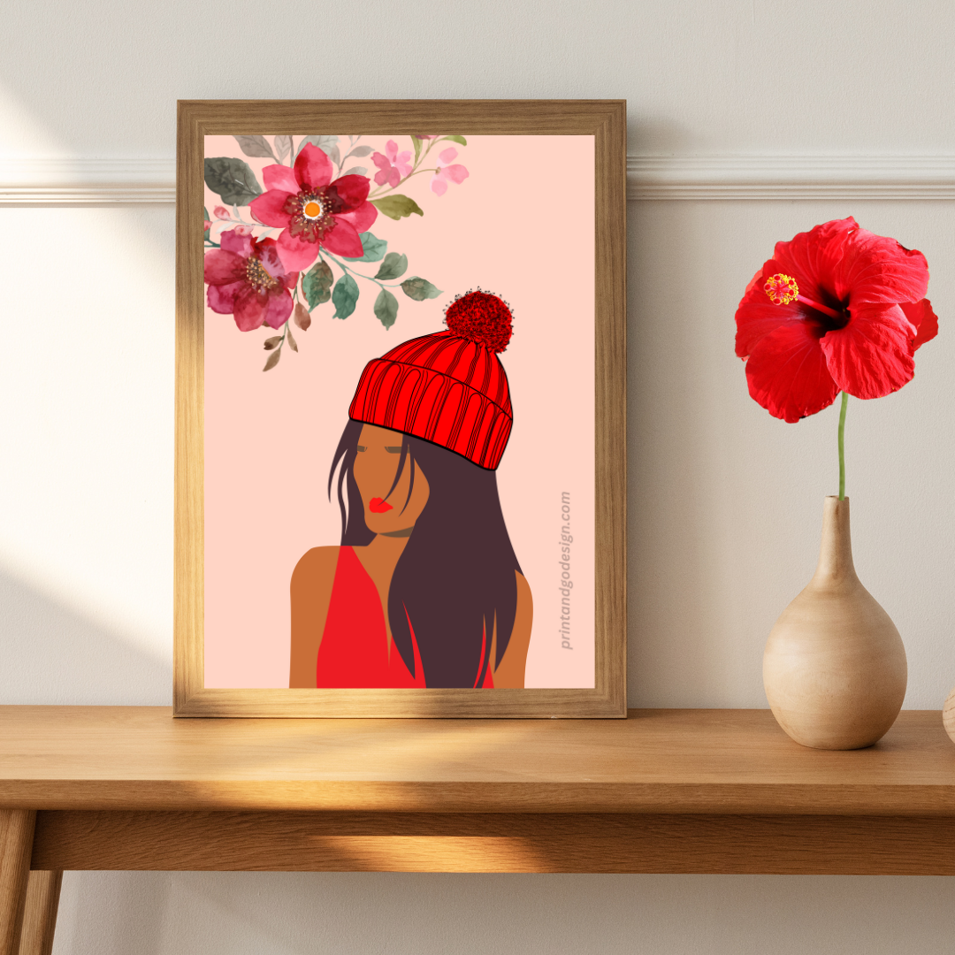 Beautiful Black Woman wall art print in red pink tones. Modern print for any room decor