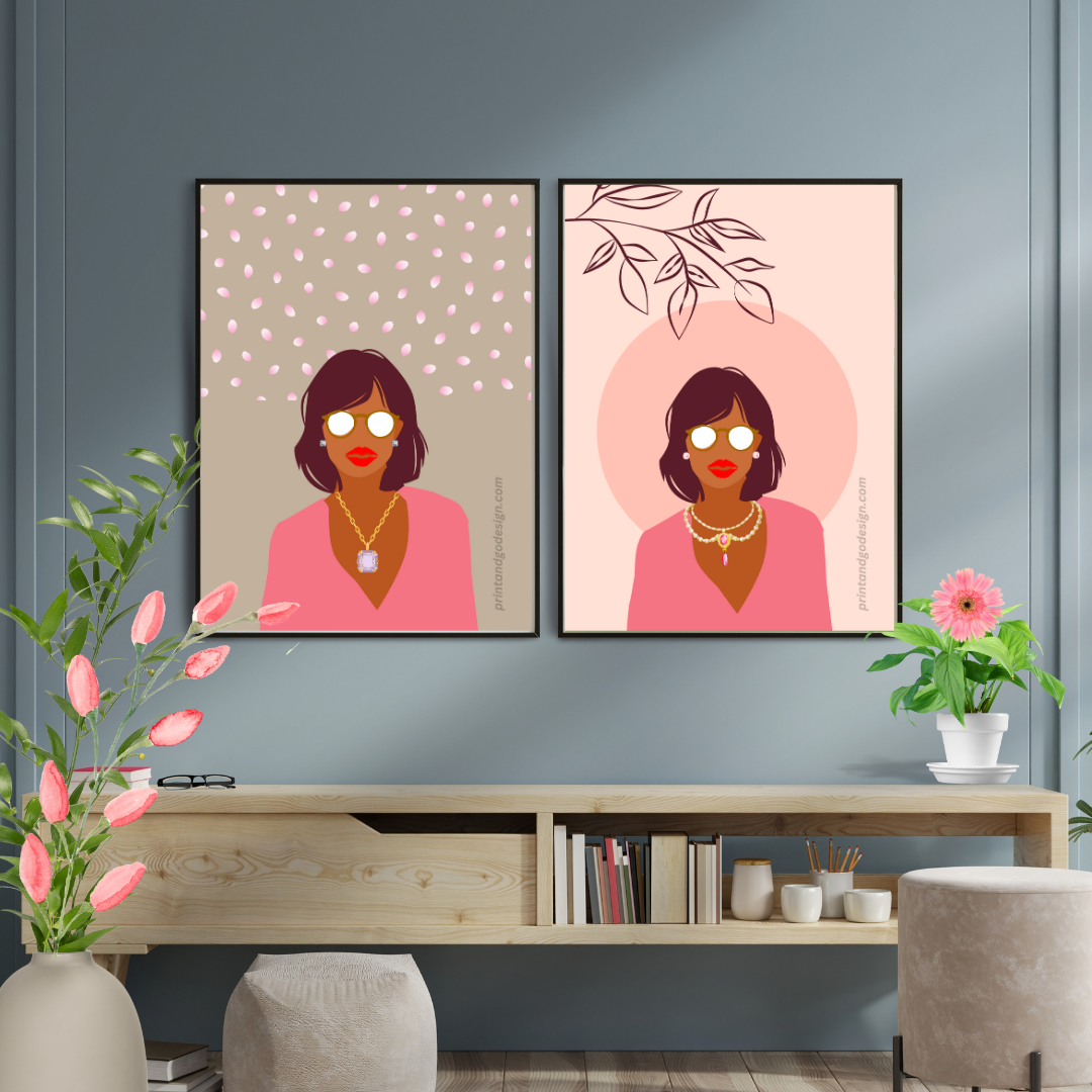 Beautiful Black Woman wall art print - set of 2- in pink beige tones. Modern print for any room decor