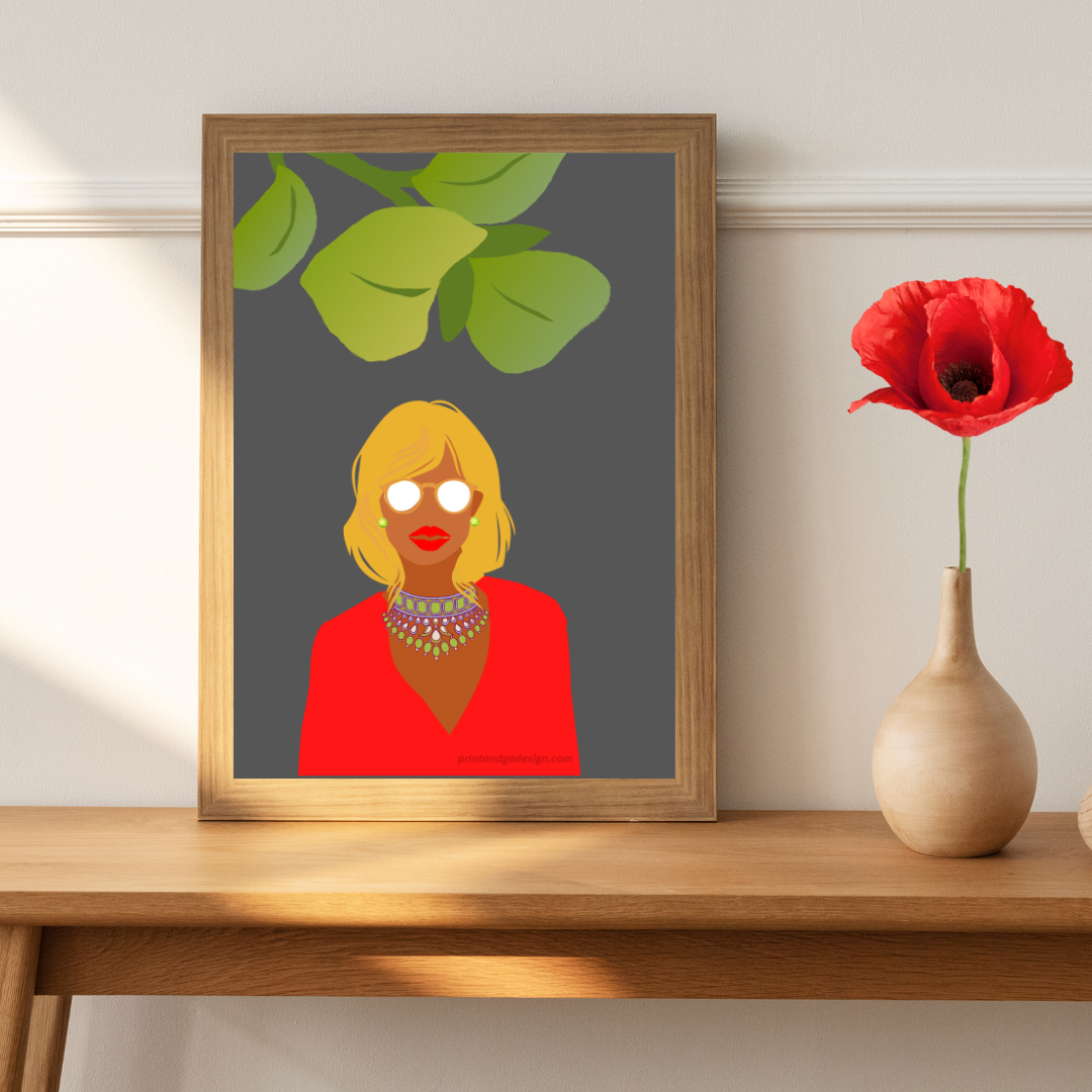 Beautiful Black Woman wall art print in red yellow tones. Modern print for any room decor