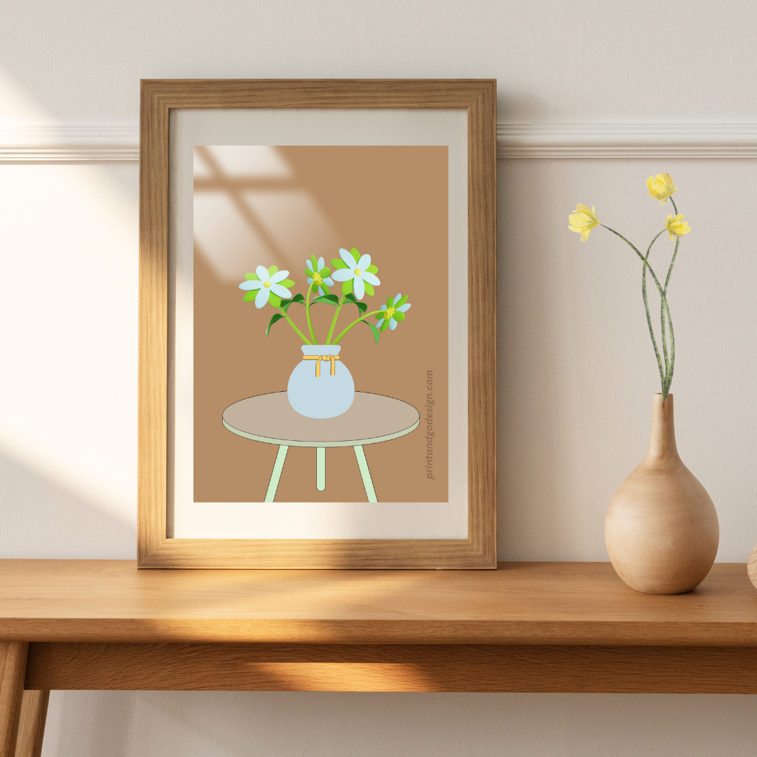 Printable flower wall art in brown green tones in a Vase. Modern print for any room decor.