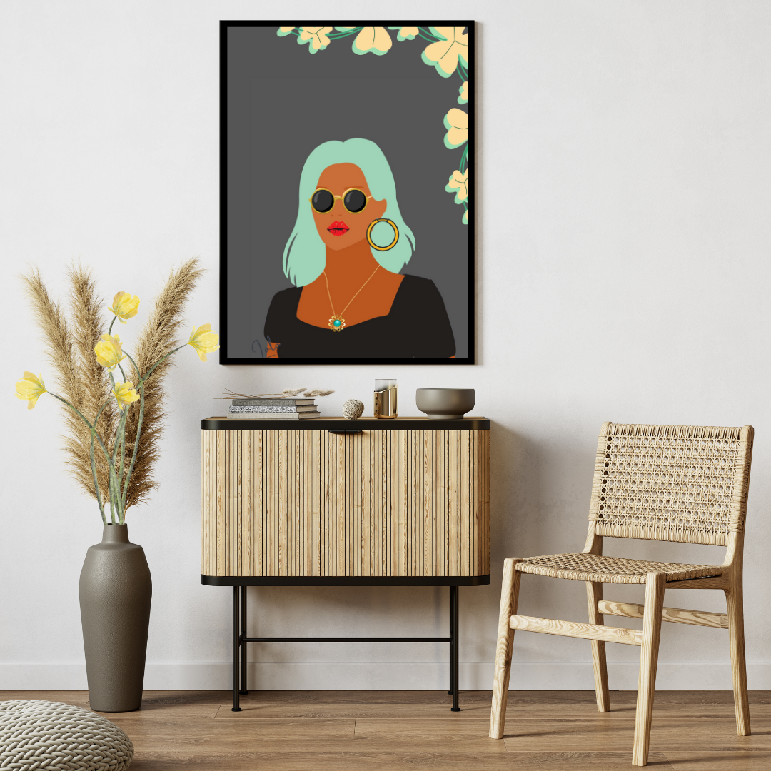 Beautiful Black Woman wall art print - set of 2 - in grey green tones. Modern print for any room decor