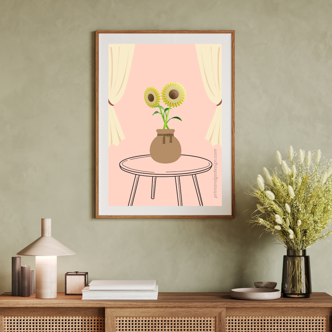 Printable flower wall art in pink beige tones in a pot. Modern print for any room decor.