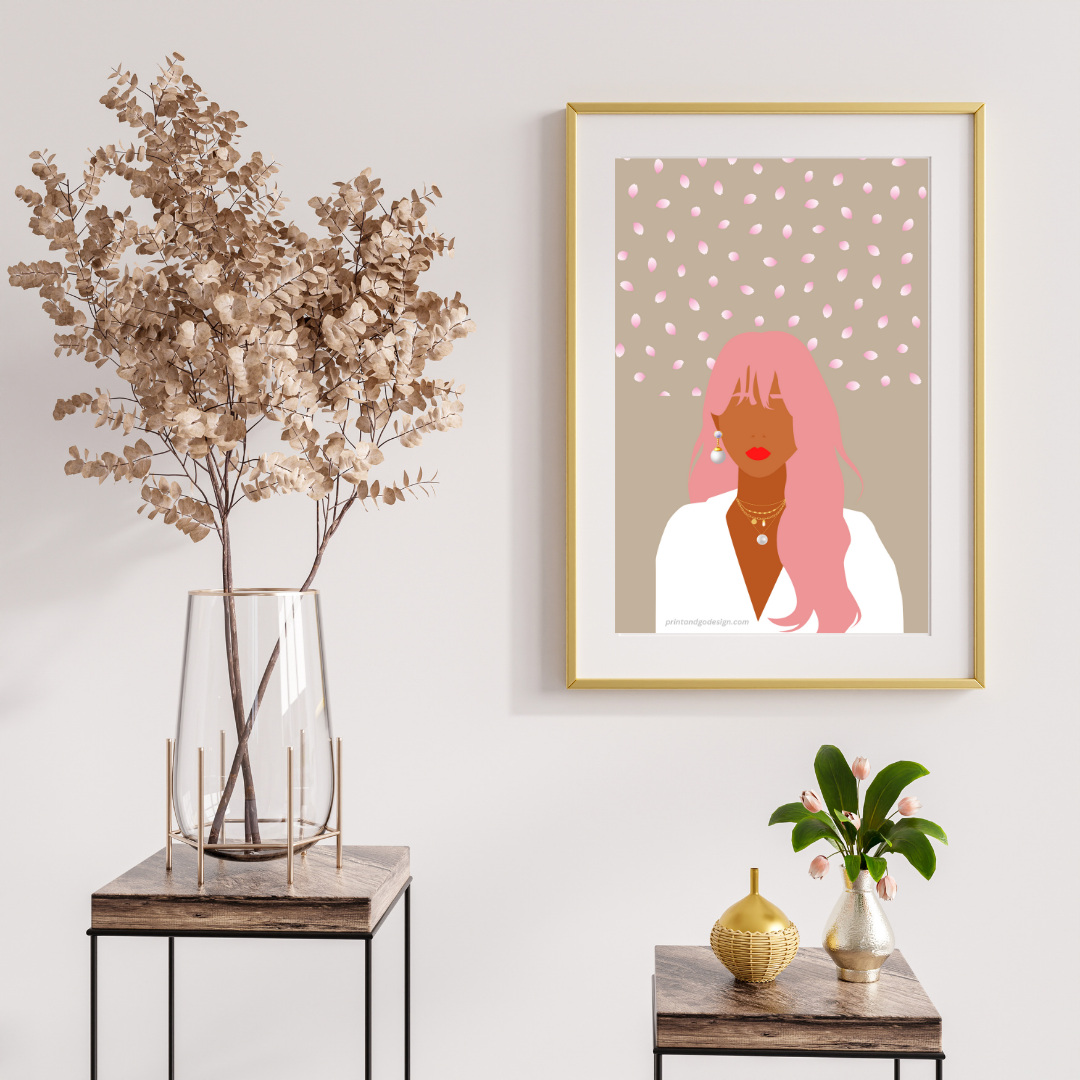 Beautiful Black Woman wall art print in pink beige tones. Modern print for any room decor