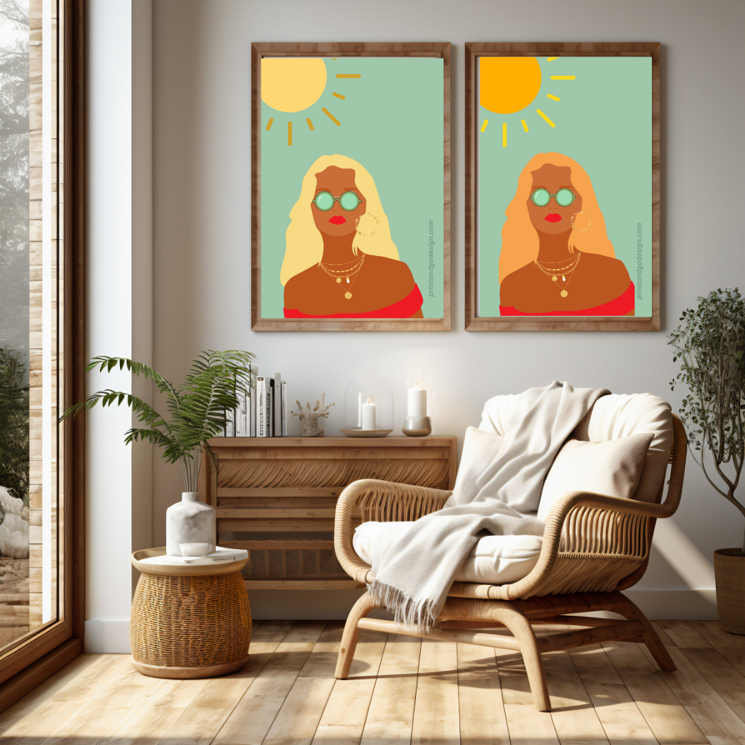 Beautiful Black Woman wall art print in red green tones. Modern print for any room decor