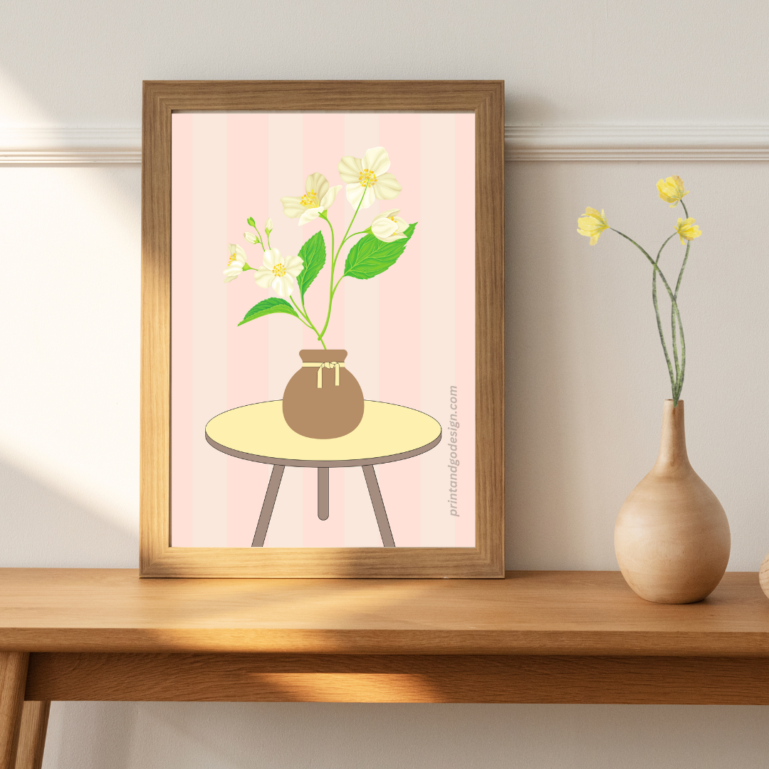 Printable flower wall art in yellow pink tones in a Vase. Modern print for any room decor.