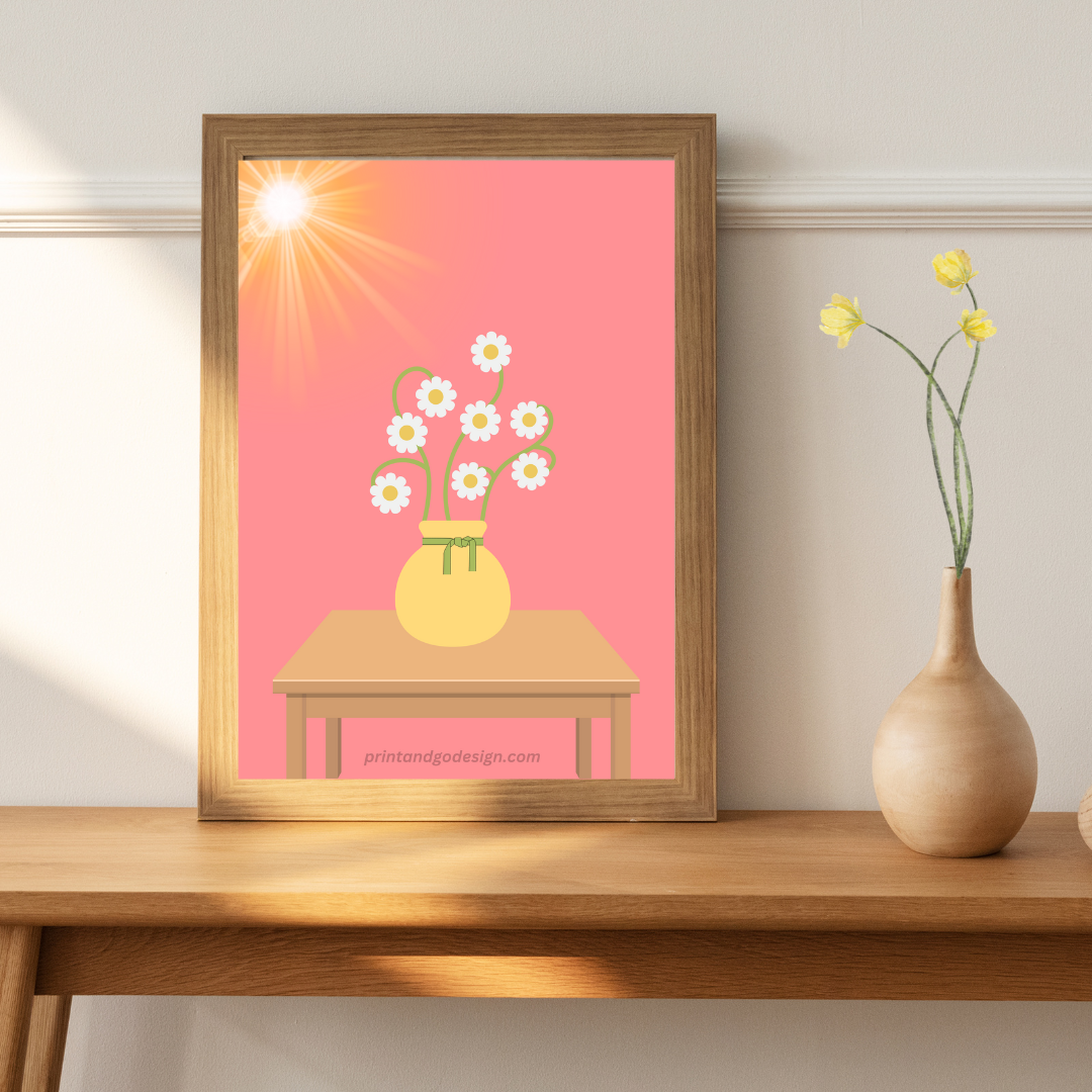 Printable flower wall art in yellow pink tones in a Vase. Modern print for any room decor.