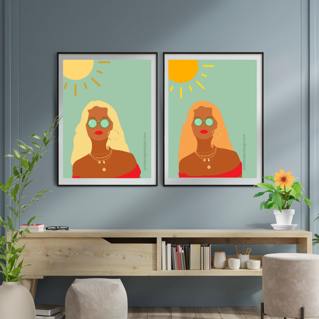 Beautiful Black Woman wall art print in red green tones. Modern print for any room decor