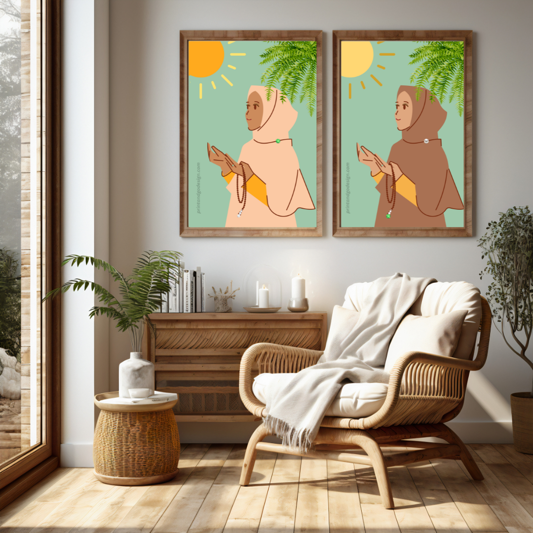Beautiful Hijab Wall Art print- set of 2- in multi tones, modern print for any room decor