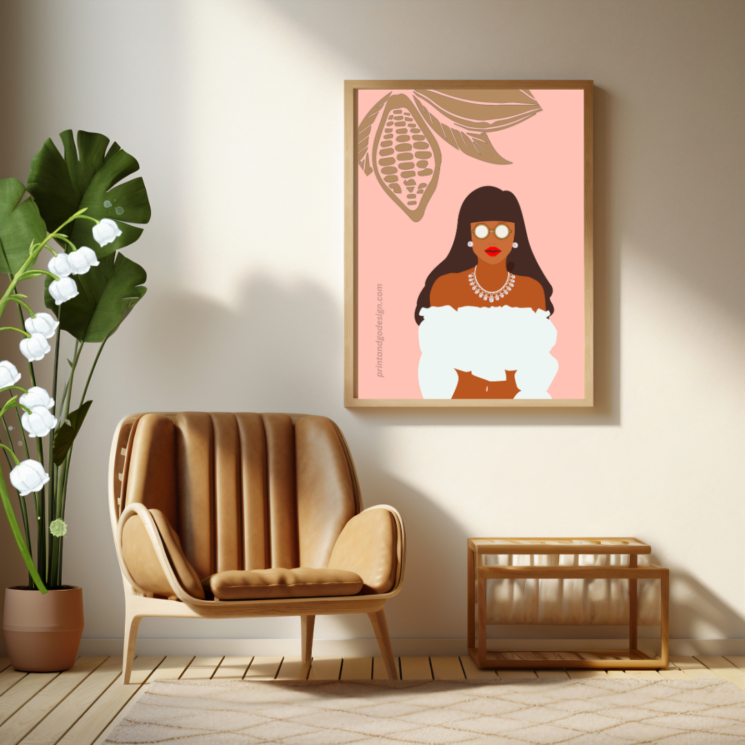 Beautiful Black Woman wall art print in pink white tones. Modern print for any room decor
