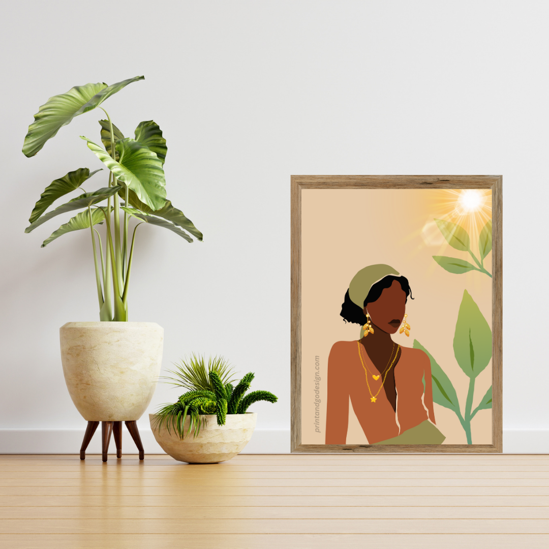 Beautiful Black Woman wall art print in brown green tones. Modern print for any room decor