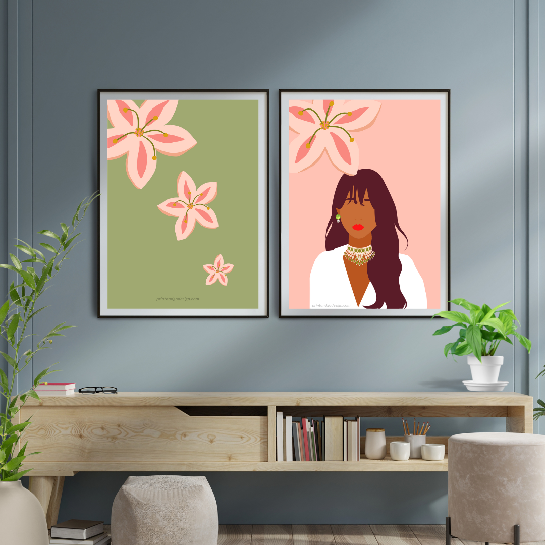 Beautiful Black Woman wall art print - set of 4- in multi tones. Modern print for any room decor