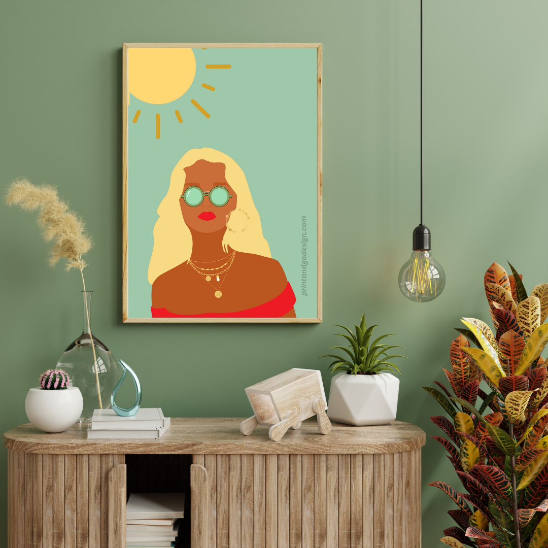 Beautiful Black Woman wall art print in red green tones. Modern print for any room decor