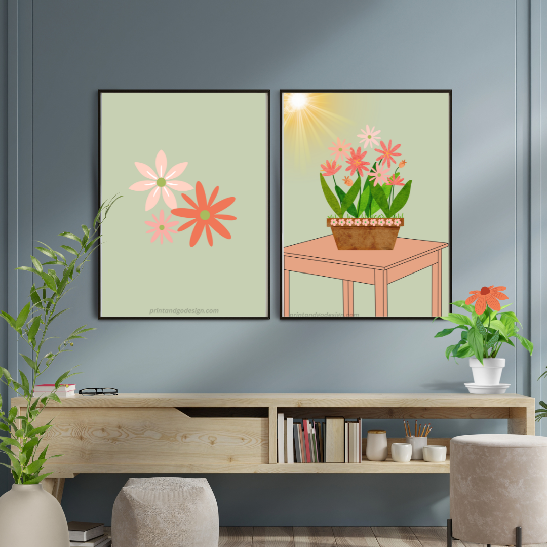 Printable flower wall art - set of 2- in green pink tones. Modern print for any room decor.
