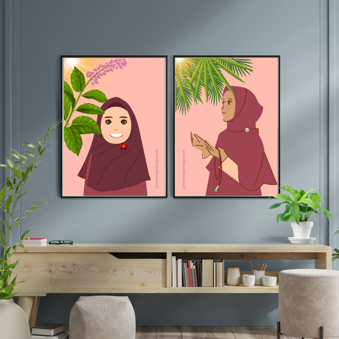 Beautiful Hijab Wall Art print- set of 2- in multi tones, modern print for any room decor