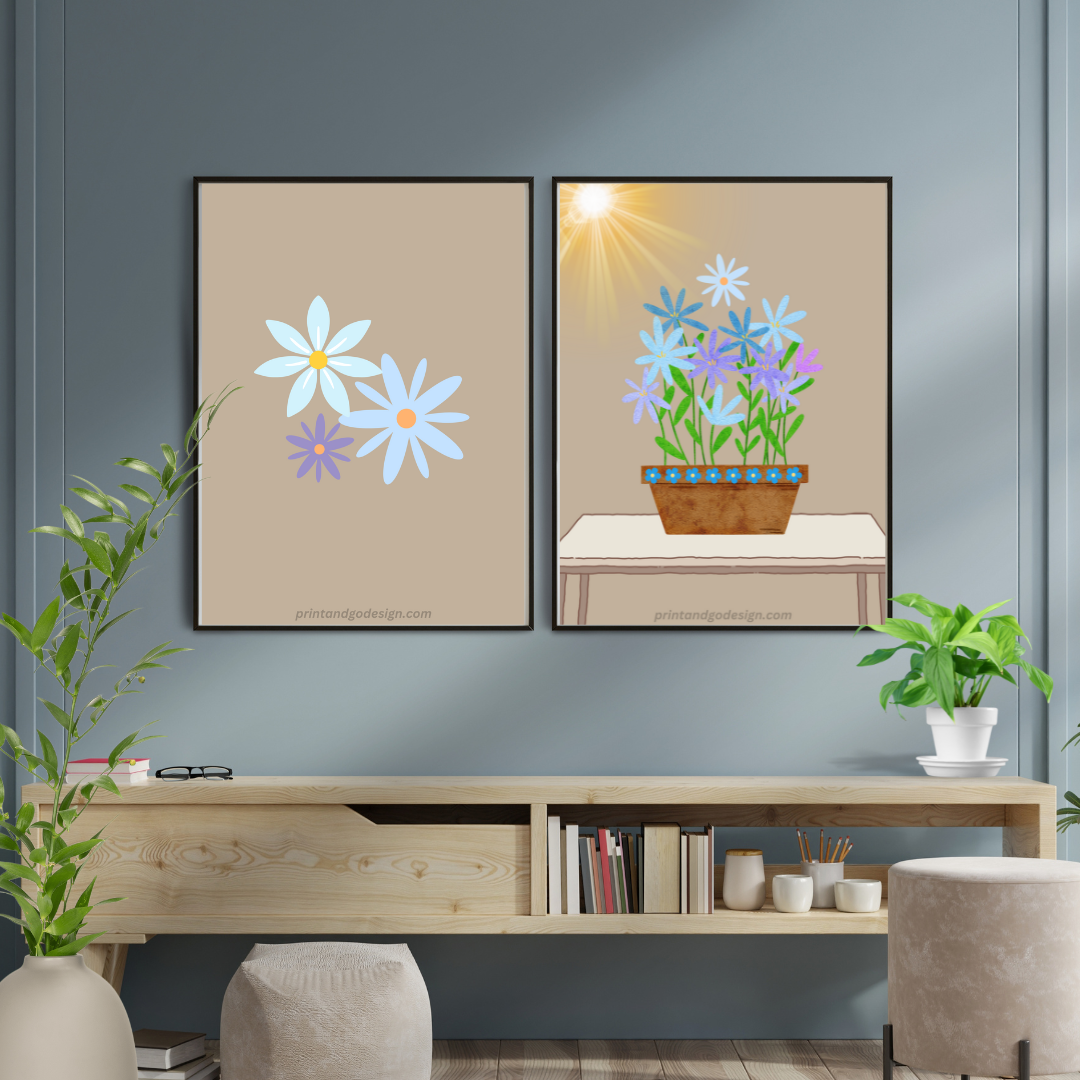 Printable flower wall art in blue beige tones in a pot. Modern print for any room decor.