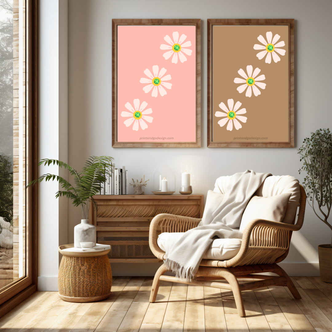 Printable flower wall art in brown pink yellow tones. Modern print for any room decor.