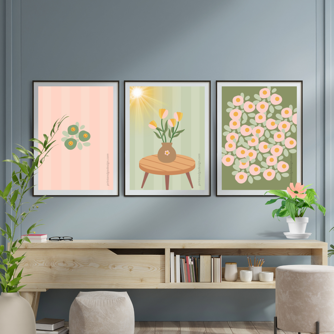 Printable flower wall art in green brown tones in a Vase. Modern print for any room decor.